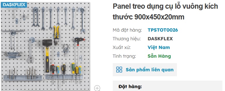bảng treo dụng cụ pegboard treo dụng cụ lỗ vuông kích thước 900x450x20mm