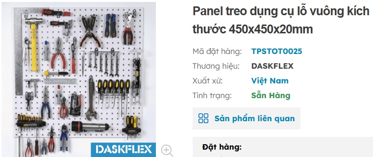 bảng treo dụng cụ pegboard treo dụng cụ lỗ vuông kích thước 450x450x20mm