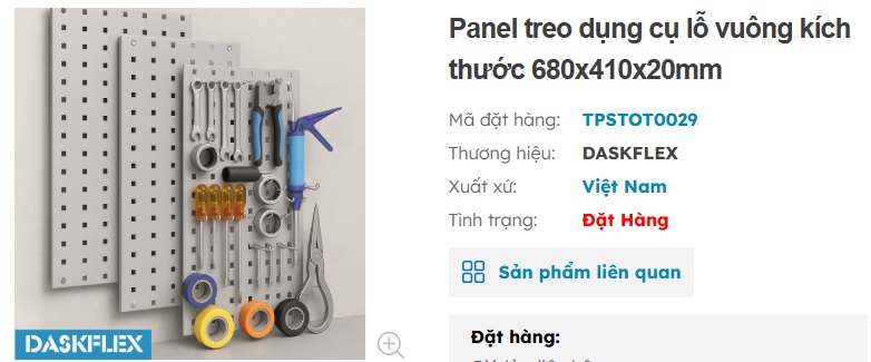 bảng treo dụng cụ pegboard lỗ vuông kích thước 680x410x20mm