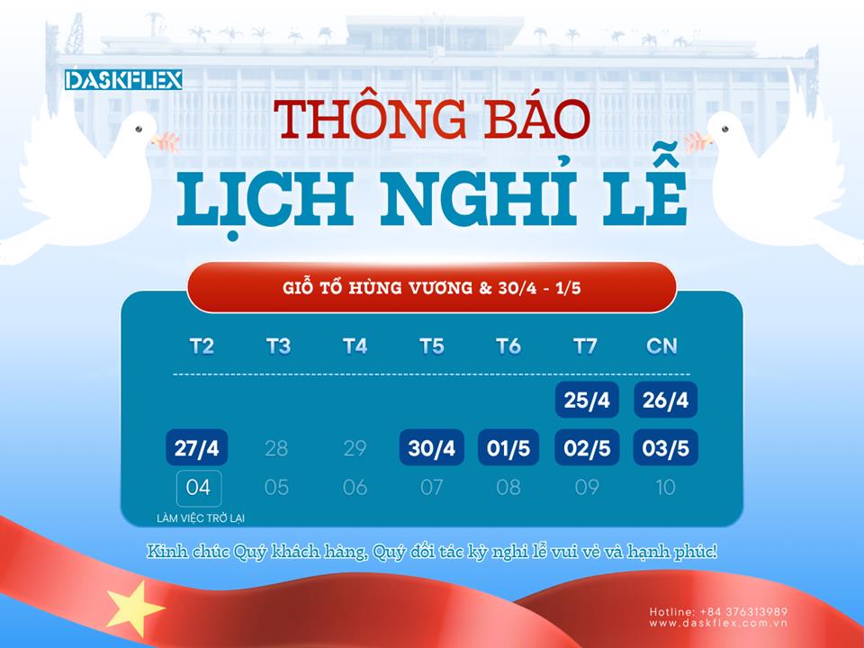 THÔNG BÁO NGHỈ LỄ GIỖ TỔ HÙNG VƯƠNG VÀ 30/4 - 1/5