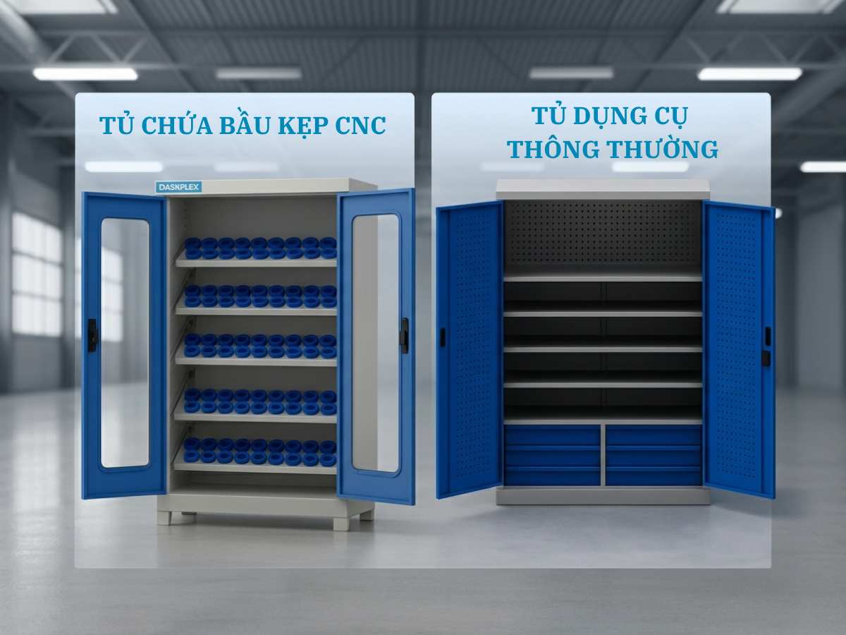 So sánh tủ chứa bầu kẹp CNC và tủ dụng cụ thông thường: Phân tích chuyên sâu cho doanh nghiệp  