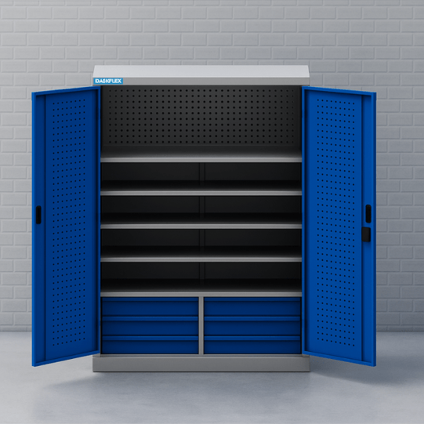 Tủ lưu trữ dụng cụ 1250x450xH1800 - 5 tầng, 6 ngăn kéo cánh full Panel treo dụng cụ