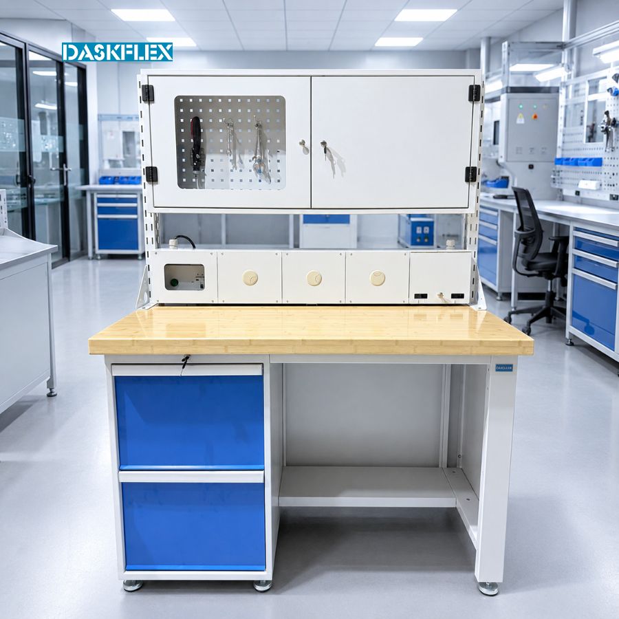 Bàn thao tác 1300x700x850 - Có cụm cấp nguồn, Tủ treo cánh mở